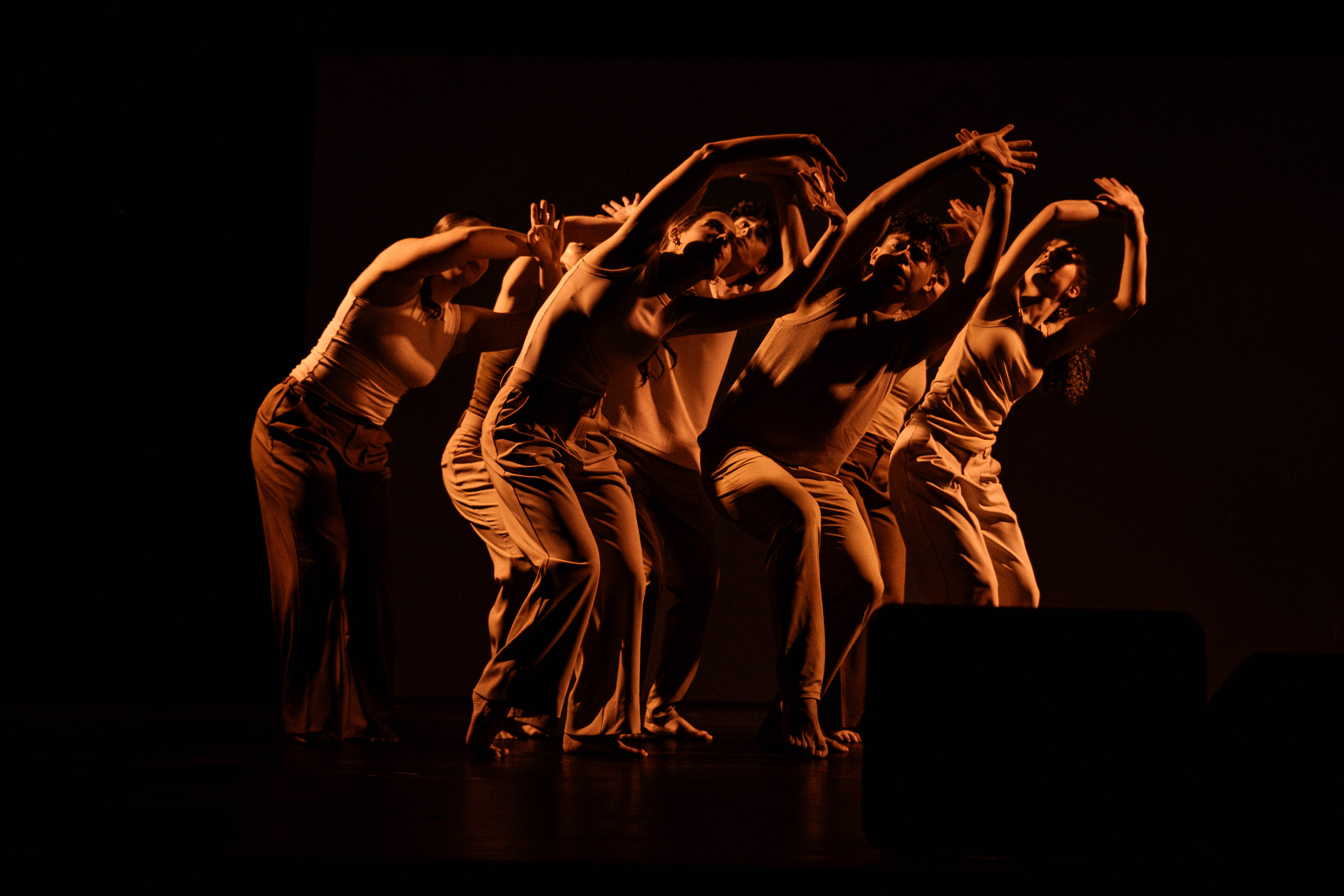 VelaDance ensemble raising arms in a contemporary dance performance — New Jersey dance company based in South Jersey